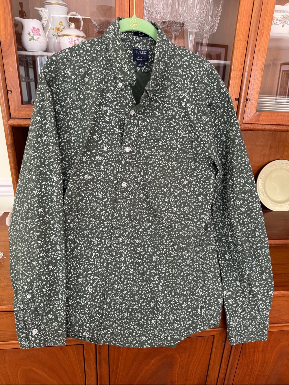 J crew men’s green n white floral LS button down stretch shirt size Large Slim - Picture 5 of 12